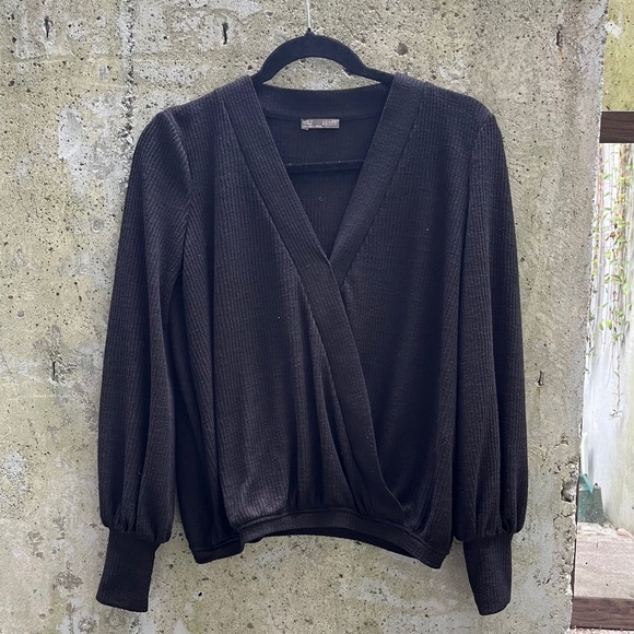 ZARA Semi Sheer V-neck Top, Ribbed, Black, Small - Picture 1 of 7